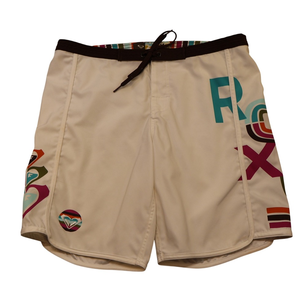 Roxy Women 9 Board Shorts White Graphic Logo Retro Surf L601493L